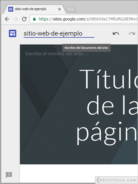 Nombre del documento del sitio web en Google Sites.