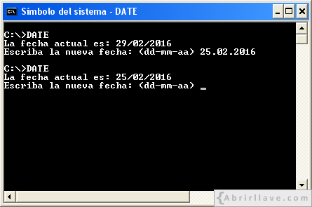 Ventana del Símbolo del sistema mostrando date con puntos - Ejemplo del tutorial de CMD de {Abrirllave.com