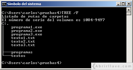 Ventana del Símbolo del sistema en Windows donde se muestra una estructura de archivos y directorios para practicar con el comodín asterisco usando el comando MOVE - Ejemplo del tutorial de CMD de {Abrirllave.com