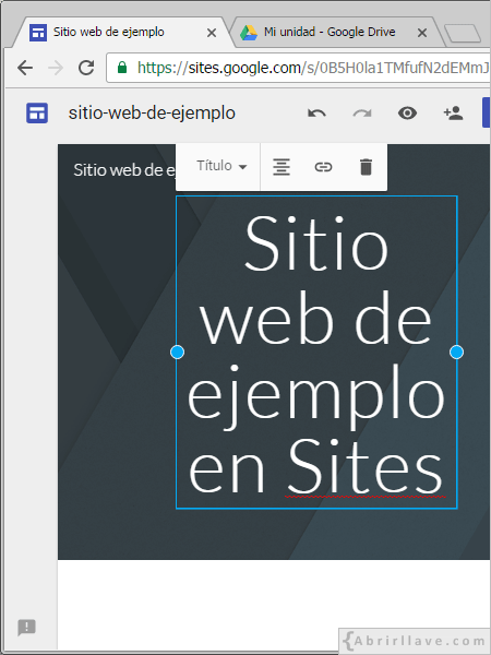 Escribir el título de la página principal en Google Sites.