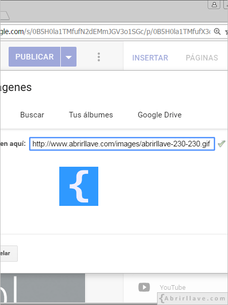 URL de imagen seleccionada para insertar en Google Sites.