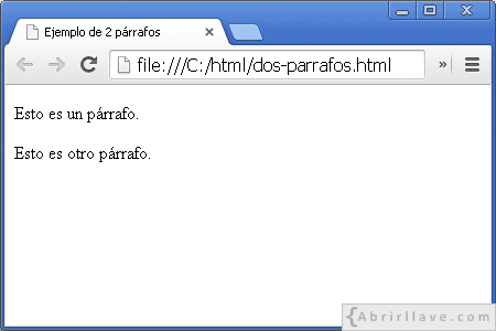 Captura de pantalla del archivo dos-parrafos.html en Google Chrome, donde se visualizan dos párrafos.