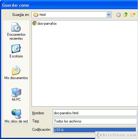 Imagen del Bloc de notas mostrando cómo guardar el archivo dos-parrafos.html codificado en UTF-8