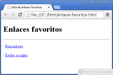 Visualización del archivo enlaces-favoritos.html en Google Chrome, con enlaces a buscadores y redes sociales.